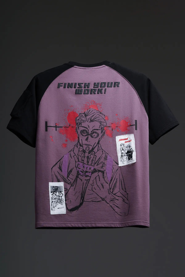 Finish Your Work! - Anime oversized T-shirt with Patchwork